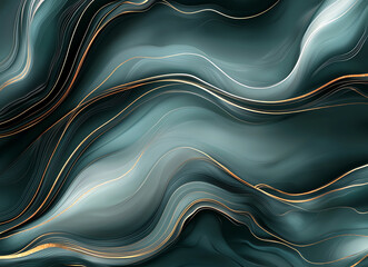 Poster - Elegant dark green and black abstract waves with golden accents create soothing and modern background. Perfect for design projects and artistic expressions