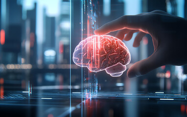 Poster - Digital human hand touching glowing brain, representing technology and innovation in futuristic cityscape. image evokes sense of connection between humanity and artificial intelligence