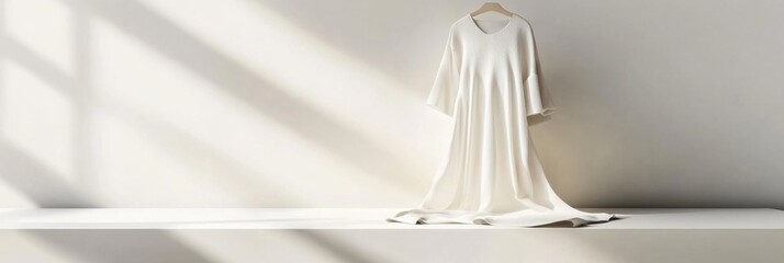 Poster - Minimalist clothing display featuring a white dress on a sleek shelf in a bright, neutral setting. Generative AI