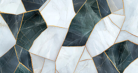 Poster - Luxurious white, black, and green marble background with intricate patterns and golden veins, perfect for elegant designs and upscale interiors