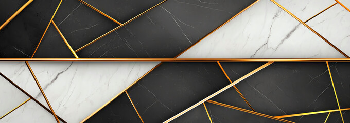Poster - Elegant marble texture featuring black and white color scheme with golden geometric lines. This design adds modern touch to any space, perfect for backgrounds or wallpapers