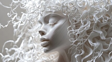 Wall Mural - White sculpture head eyes closed, wispy hair; indoor background; abstract art or print