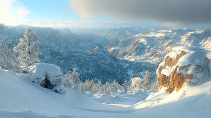 Wall Mural - panoramic view of snow-covered mountain range with valley, sunlit peaks, and coniferous trees under 
