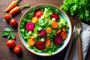 Wall Mural - Vibrant and healthy vegetable salad with fresh lettuce, roasted beets, carrots, and cherry tomatoes in a rustic bowl