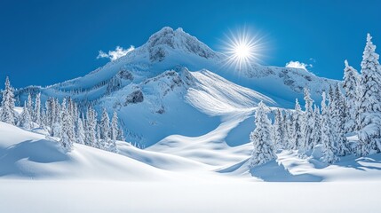Wall Mural - majestic snow-covered mountain peak under a bright winter sun, with snow-laden evergreen trees in th