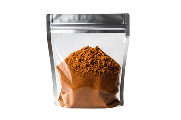 Brown spice powder in a transparent resealable bag on a white background suitable for culinary and food-related uses, enhancing flavors in various dishes, perfect for cooking and baking activities