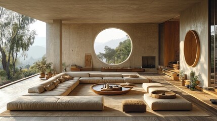 Poster - Modern minimalist living room with circular window, neutral tones, and outdoor view.