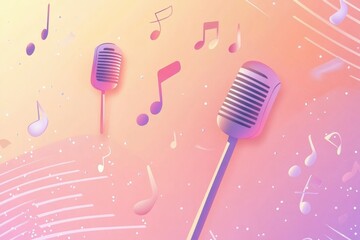 Fototapete - Minimalist K pop inspired background featuring colorful microphones and floating music notes. Generative AI