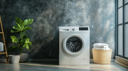 Aufkleber - In a contemporary laundry room, a sleek washing machine stands proudly beside a woven basket filled with fresh towels