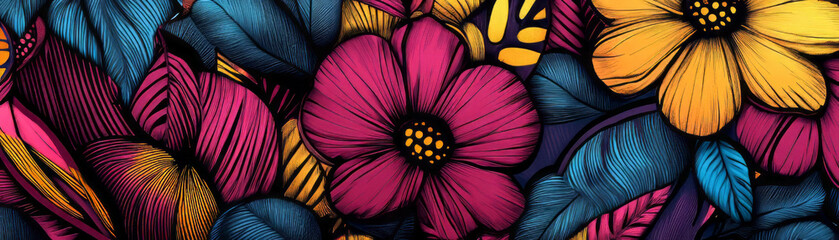 Poster - Interlocking floral patterns with vibrant African designs and textures in bright colors