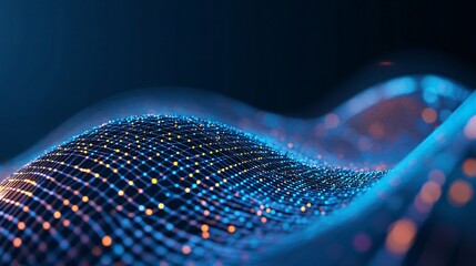 Fototapete - An abstract visualization of digital waves, showcasing bright blue and orange nodes against a dark background.