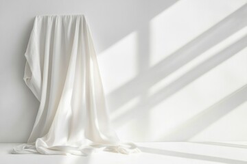 Fototapete - Minimalist clothing display featuring draped fabric against a bright neutral background in a softly lit setting. Generative AI
