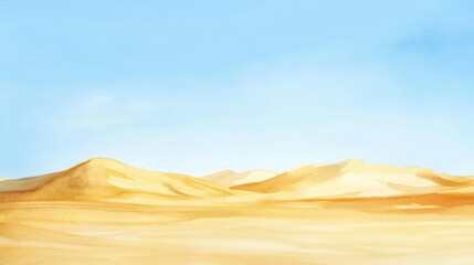 Poster - Golden sand dunes stretch beneath a clear blue sky, capturing the tranquility of the desert landscape in minimal watercolor style. Generative AI