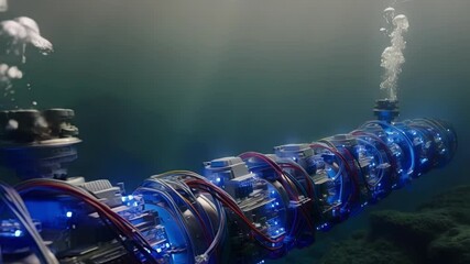 Poster - complex underwater pipeline structure with glowing blue lights is experiencing a gas leak, creating 
