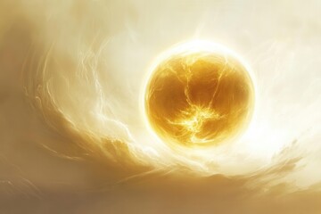 Wall Mural - ethereal golden sun orb with detailed corona, radiating warm light through wispy atmospheric clouds, set against pure white infinity