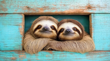 Wall Mural - Happy sloth, A sloth joyfully hugging another sloth, showcasing pure happiness in a high-fidelity image.