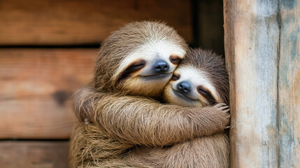 Wall Mural - Happy sloth, A sloth joyfully hugging another sloth, showcasing happiness in a high-fidelity image.