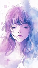 Wall Mural - Serene portrait of a young woman with flowing hair, softly blending colors of purple and blue creating a dreamy atmosphere.
