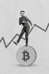 Aufkleber - Vertical collage image of excited positive small guy stand big bitcoin dancing isolated on drawing creative background