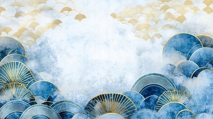 Aufkleber - Elegant abstract blue and gold wave patterns create a serene atmosphere, perfect for backgrounds or decorative purposes.