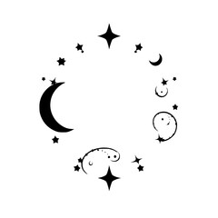 circular celestial arrangement of crescent moons and stars in minimalist monochrome, highlighting a 
