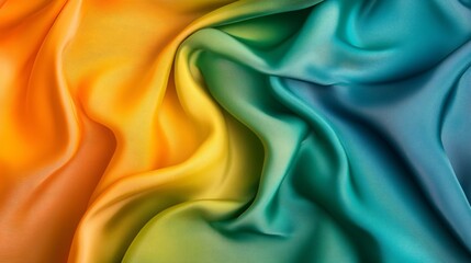 Poster - Vibrant silk fabric in gradient hues from orange to teal, showcasing smooth texture and flowing curves.