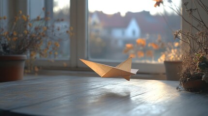 Wall Mural - Paper airplane levitating on wooden table by window in soft sunlight.