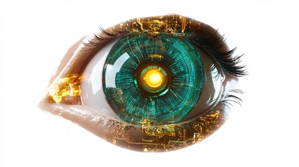 Aufkleber - A close-up of a woman's eye with a futuristic digital overlay, showcasing technology within the iris.