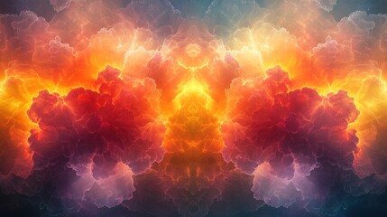 Wall Mural - Symmetrical fiery cloudscape, abstract digital art with vibrant orange, red, and yellow hues.