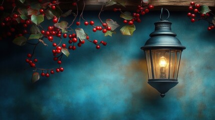 Wall Mural - Illuminated lantern hanging on rustic wall with red berries and leaves.