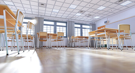 Wall Mural - Sunlight illuminating empty classroom with wooden desks and chairs