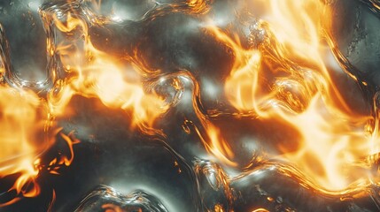 Poster - An abstract close-up showcasing the dynamic interplay of fiery orange flames against a dark, reflective background.