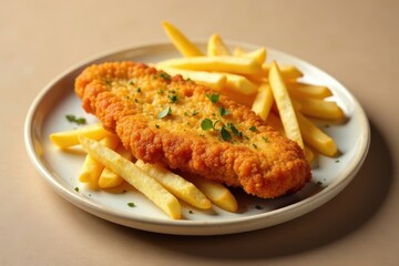 Wall Mural - A crispy, golden-brown breaded cutlet served with a generous portion of golden french fries on a simple, elegant plate.