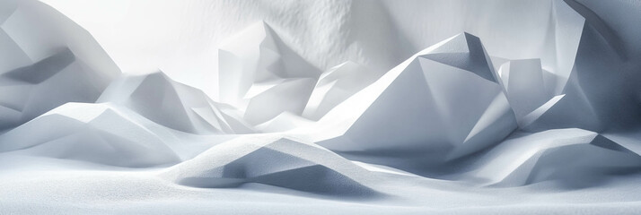 Poster - Melting geometric ice sculptures amidst textured snowdrifts and striking shadows in bright light