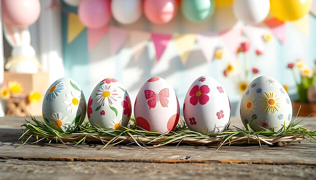 Decorated 3D Easter Eggs with Floral Designs & Pink Flowers Fresh Pastel Spring Composition, Happy Easter Greeting Card with Easter Egg and Flowers. Easter Concept, happy easter 2025, generative ai