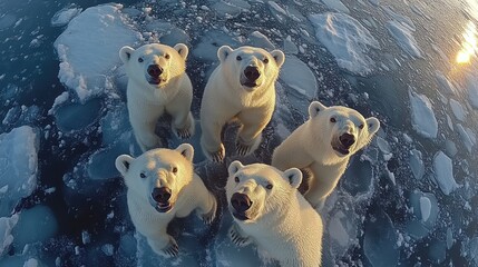 Wall Mural - five polar bears standing on arctic ice, looking up at the camera during sunset.