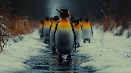 Wall Mural - king penguins waddle in single file down snowy path, leading penguin in focus.