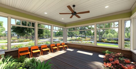 Wall Mural - Sunlit porch with orange chairs and garden view.