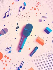 Fototapete - Minimalist K pop inspired background featuring music notes and microphones in vibrant colors. Generative AI