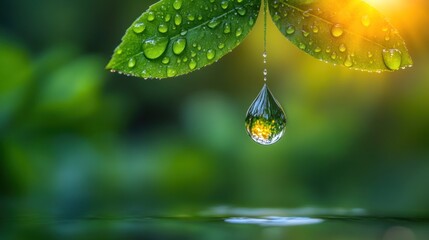 Wall Mural - Dewdrop hanging from green leaf reflecting sunlight, close-up.