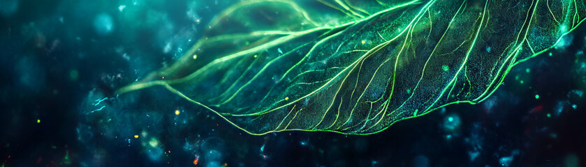 Poster - Textured palm leaf with neon green veins against a bright background for a vibrant banner