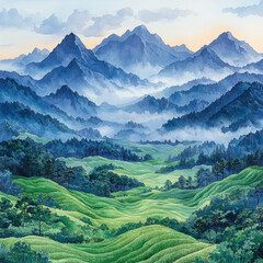 Wall Mural - Misty sunrise over rolling green hills and blue mountain range