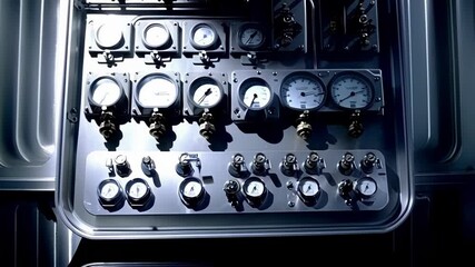 Poster - Complex submarine control panel featuring analog gauges, valves, and switches, illuminated by dramatic lighting, suggesting advanced technology and underwater exploration