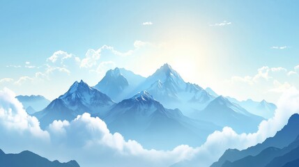 Fototapete - Majestic mountain range under soft clouds with bright blue sky and empty space for creative text. Generative AI