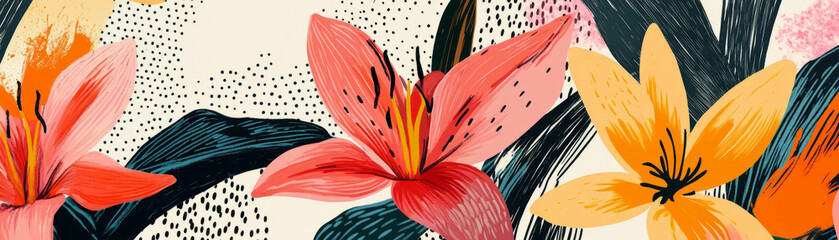 Poster - Vibrant repeating pattern of abstract lilies with bold lines and textures inspired by African art