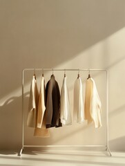 Canvas Print - Minimalist clothing rack showcases neatly arranged garments in soft neutral tones against a warm backdrop in bright natural light. Generative AI