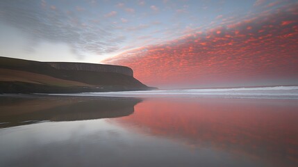 Wall Mural - vibrant ocean sunrise with soft hues of orange and pink against a red sky