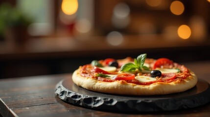 Wall Mural - Aromatic Pizza with Fresh Basil and Assorted Toppings on Rustic Wooden Table