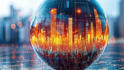Fototapete - Urban Sphere: A futuristic cityscape reflected in a crystal sphere, symbolizing global connectivity and technological advancement.  The image is a blend of reality and digital art.