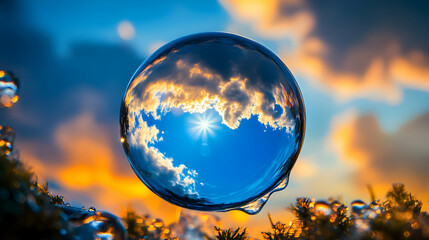 Wall Mural - a drop of water refracting a vivid blue sky, magnifying its details beautifully
